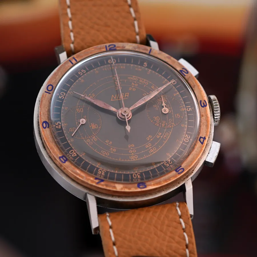 Niga Chronograph Copper Gilt Dial - two-tone-Zifferblatt, Tachymeter-Schneckenskala, Telemeterskala