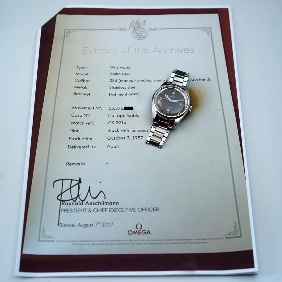 Omega Railmaster CK 2914-1 - Stunning Patina - Kopie des offiziellen Omega-Archivauszugs