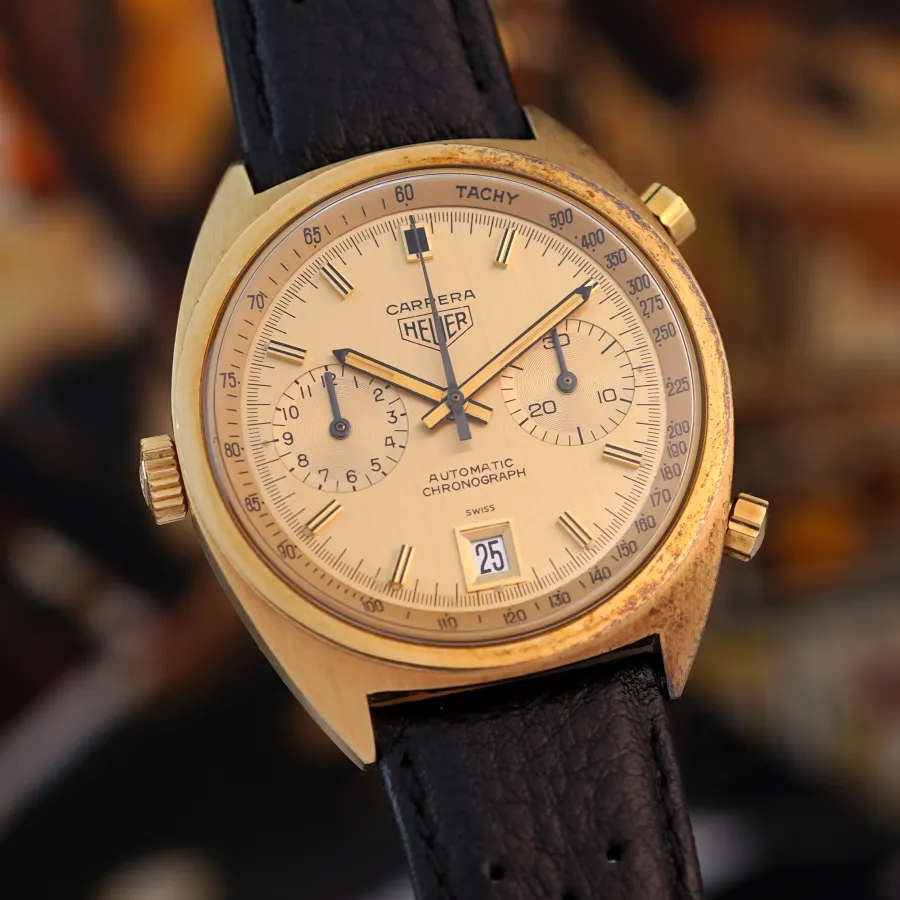 Heuer Carrera 1158 CH - Box - the subtle signs of oxidation on the 18k gold case underscore its untouched condition