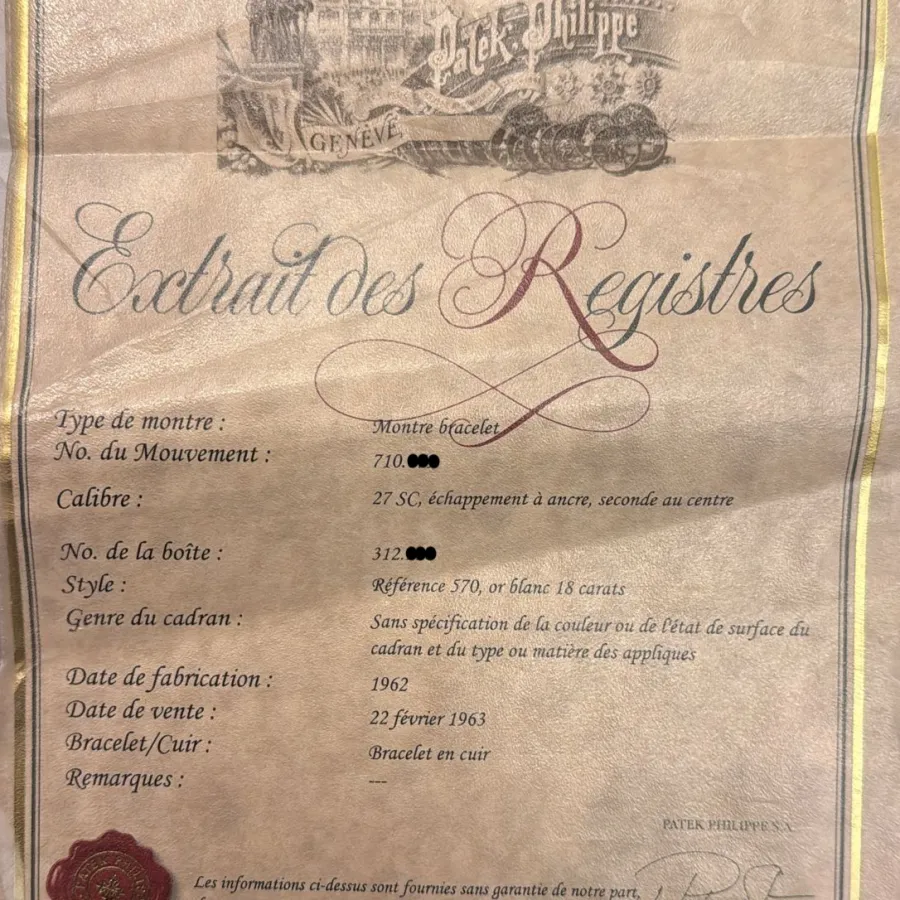 Patek Philippe Calatrava 570 Wei&szlig;gold - Stammbuchauszug