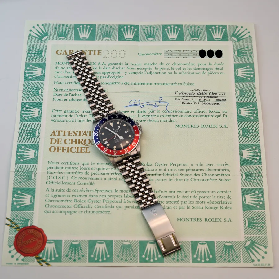 Rolex GMT Master 16750 Full Set - Jubilee Armband - Chronometerzertifikat, gelocht und gestempelt, verkauft in Navaro, Italien