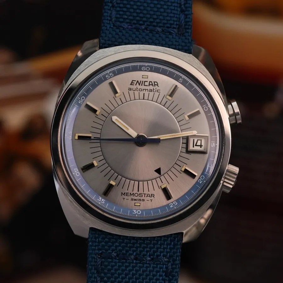 Enicar Memostar 298-01-01 Alarm - silver dial with a blue minute track