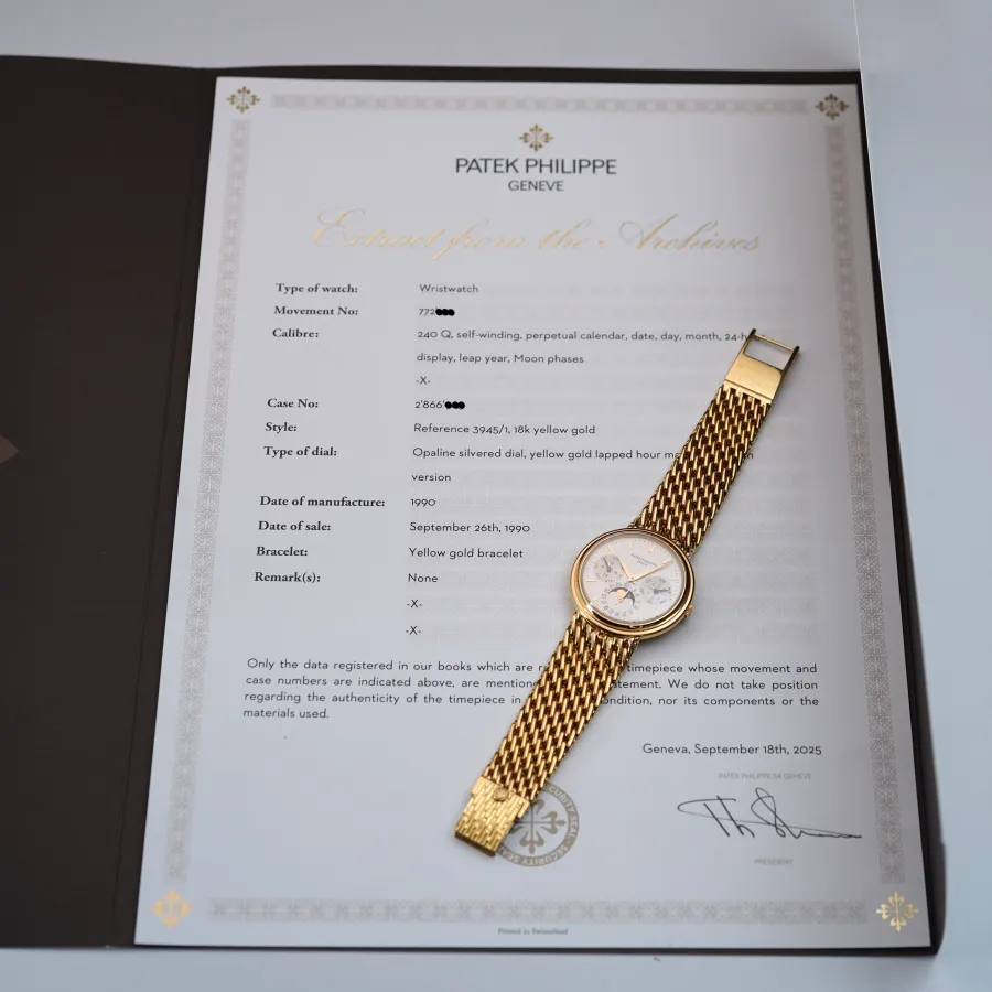 Patek Philippe Ewiger Kalender 3945/1 Original Accessories - Stammbuchauszug