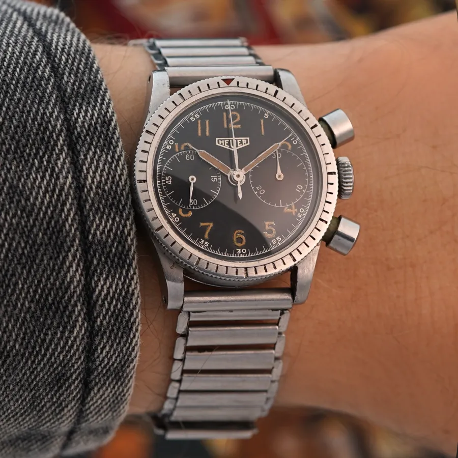 Heuer Flieger Chronograph Gilt Dial Valjoux 69 - large military pump pushers