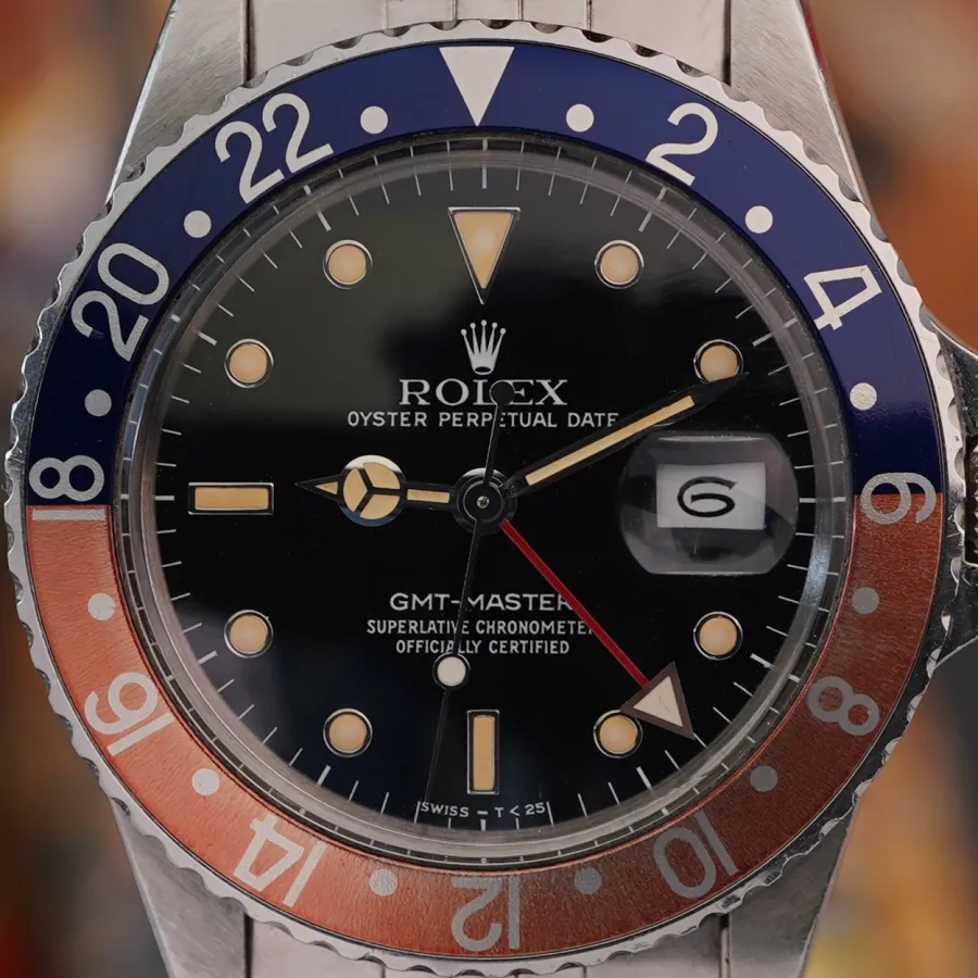 Rolex GMT Master 16750 Faded Pepsi Bezel - perfektes schwarzes Zifferblatt mit originaler Leuchtmasse