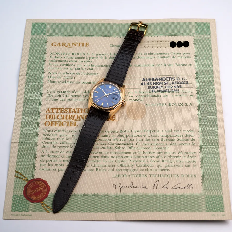 Rolex Datejust 1601 Blue Dial - Full Set - gelochtes Chronometerzertifikat, verkauft in England