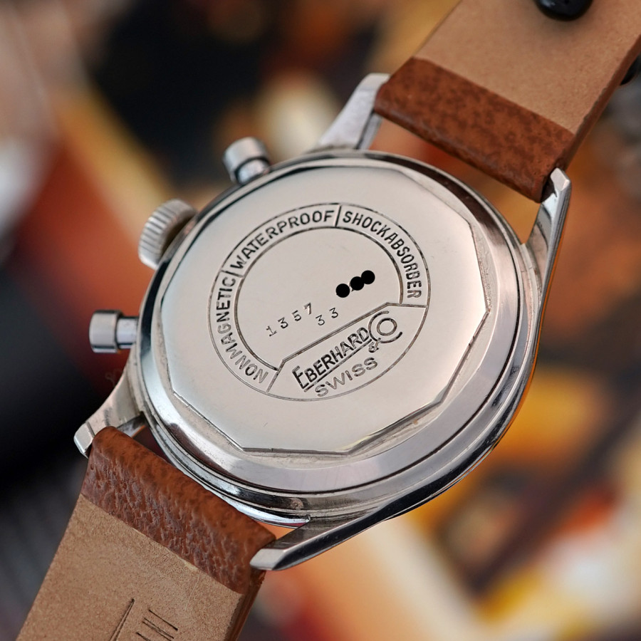 Eberhard 1950s Chronograph 1357 Three Registers - deep engravings on the back