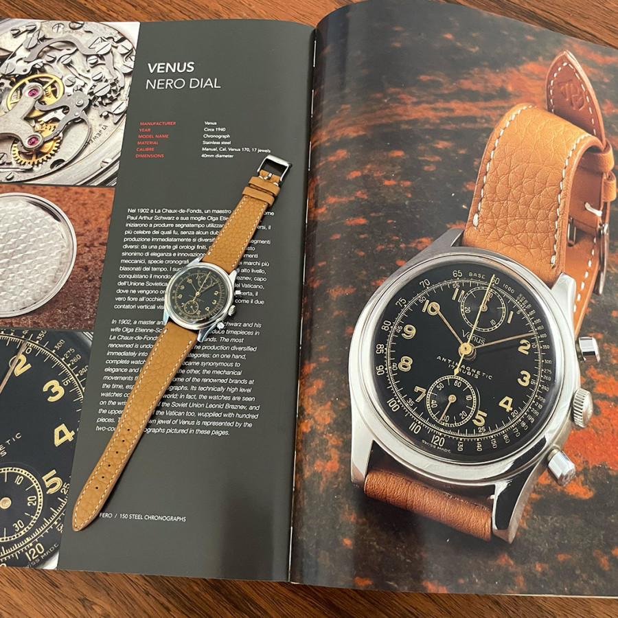 Venus Antimagnetic Chronograph Nero Dial - published in book 'FERO – 150 Stainless Steel Chronographs'